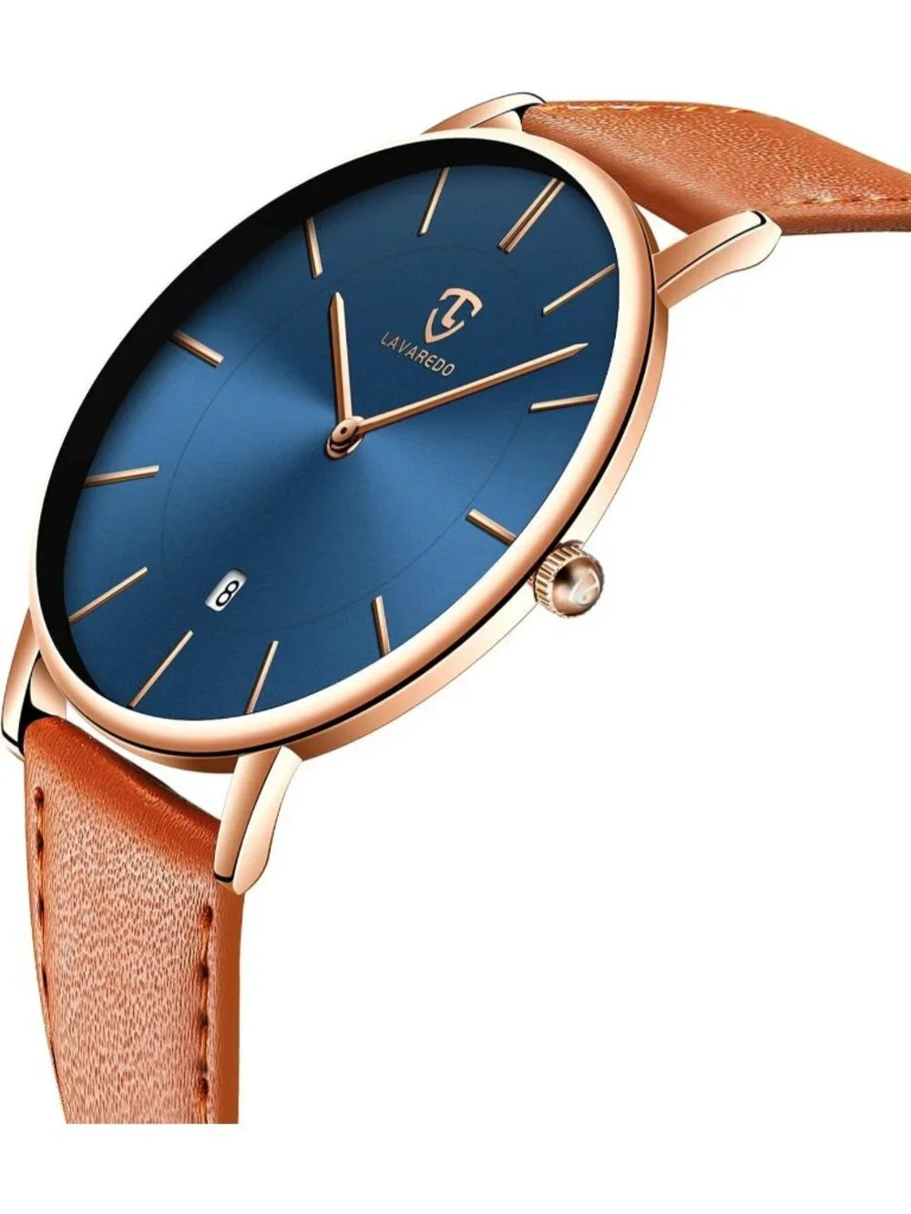 Men Blue Orange Leather Strap Analog Minimalist Fashion Simple Round Wrist Watch